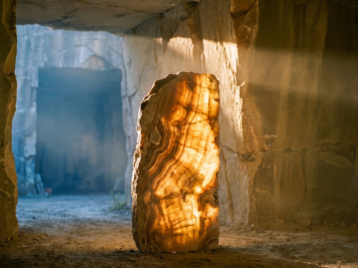 Una losa de ónix traslúcido iluminada por la luz de la mañana